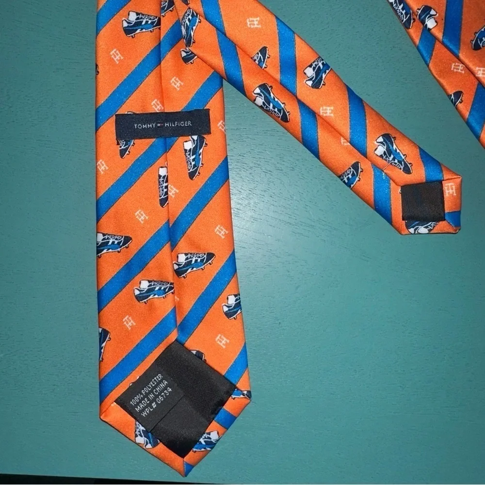Tommy Hilfiger Tie Orange & Blue Stripes Necktie Cleats Print Sports Classic